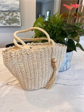Woven Cream Straw Tote with Rope Handles and Tassel